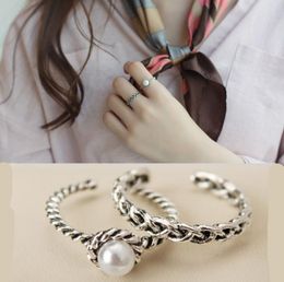 Retro 2 PCS sets rotating ring Twist woven pearl open silver plated ring whoelsale