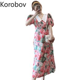 Korobov New Arrival Sweet Print Women Dress Vintage Elegant Korean Female Dresses Summer Puff Sleeve Vestidos Femme 210430