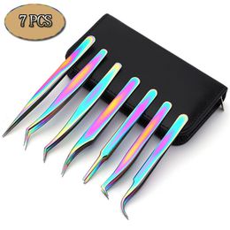 7PCS Set Eyelashes tweezers to place False Eyelash Extension Stainless lashes Tongs volume Eyebrow Clip makeup Nail Art tool 210915