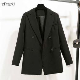 eDressU Women Loose Blazer Jacket Black Casual Suit Spring Jacket Double Breasted Office Jacket Business Outwear ZX-3 210927