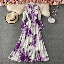 Vintage Ink Print Floral Chiffon Long Dress Women Elegant Turn-Down Collar Single Breasted Long Sleeve Party Robe Spring Autumn Y0603