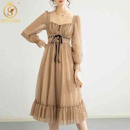 Spring Fashion Designer Trumpet Mermaid Dresses Women Flare Sleeve Vintage Dot Print Elegant Party Vestidos 210520