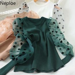 Neploe O Neck Mesh Patchwork Puff Long Sleeve Pullover Sweater Knit Dot Slim Fit Pull Femme Autumn Spring Fashion Solid Top48976 X0721