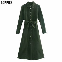 Toppies Vintage Corduroy Shirt Dress Woman Autumn Winter Maxi Dress Single Breasted Slim Vestidos 210412