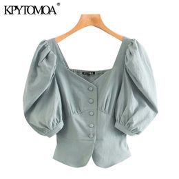 Women Fashion Button-up Cropped Blouses V Neck Puff Sleeve Female Shirts Blusas Chic Tops 210420