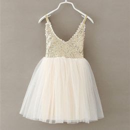 New Hot Children Baby Dress Gold Sequined Lace Sling White Tutu Dresses For Party Wedding Clothing Size 2-6Y vestido infantil 210317
