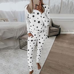 Women's Pajamas Set Casual Cute Stars Printed Autumn and Winter Homewear Long Sleeve Sleepwear Natural Home Clothes Night Suit X0526
