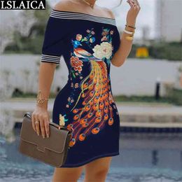 Woman Dress Slash Neck Phoenix Print Elegance es Female Off The Shoulder Half Sleeve Streetwear Causal Mini for Women 210515