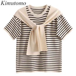 Kimutomo Striped Fake Two Piece Shawl T-shirt Women Summer Short Sleeve O-neck Loose Bandage Top Knitwear Korean Chic 210521