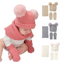 Fashion Wave Knit Baby Pom-Pom Beanie Scarf Glove Sets Lovely Kids Two Balls Solid Warm Hats Scarves Gloves Size 0-36 Months