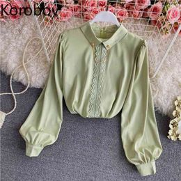 Korobov Turn Down Collar Chain Design Long Sleeve Shirts Lace Patchwork Elegant Blouse Women New Tops Office Ladies Blusa 210430