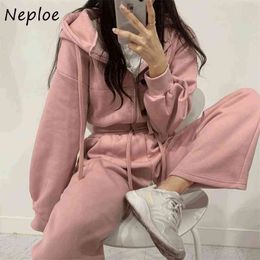 Casual Loose 2 Piece Set Solid Color Hooded Zip Sweatshirts + High Waist Drawstring Wide Leg Pants Autumn Simple Suit 210422