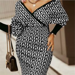 Spring women's Middle and Long Casual Dresses Polyester New V-neck Geometric Printing Tight Bag Hip Middle Waist Dress