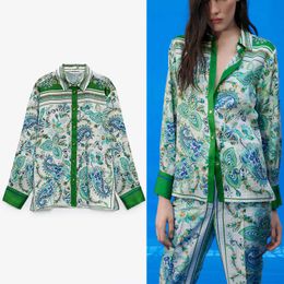 Za Vintage Floral Print Green Shirt Women Long Sleeve Side Vents Summer Shirts Feminien Fashion Button Up Casual Fit Top 210602