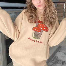 Women's Hoodies & Sweatshirts Y2K Aesthetics Mushroom Embroidery Oversized Vintage Khaki Crewneck Long Sleeve Top 2000s Fashion Streetwear