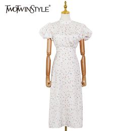 Vintage Print Floral Dress For Women Stand Collar Puff Sleeve High Waist Hit Color Elegant Dresses Female Fashion 210520