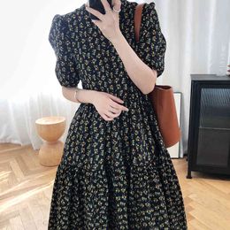 O Neck Light Yellow Small Floral Dress Women Summer Fashion Over The Knee Puff Sleeve Print Long Dresses Ladies 210520