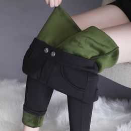 Autumn Winter Solid Color Leggings Women Pants Plus Size Thickening High Waist Velvet Slim Pencil Black 801G 210420