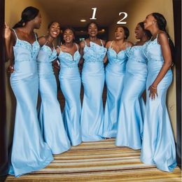 Glitter Sequined 2022 Blue Satin African Bridesmaid Dresses Spaghetti Straps Sexy Mermaid Wedding Guest Prom Gowns Maid Of Honor Dress