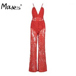 Women's Jumpsuits & Rompers Max Spri Casual Spaghetti Strap Backless Women Sexy Hollow Out Print Deep V Bodysuits Loose Full Length 2021