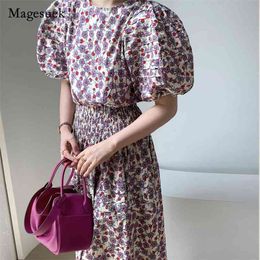 Vintage Floral Puff Sleeve Summer Dress Plus Size Print Party Vestido High Waist Elegant es Two Pieces 14528 210512