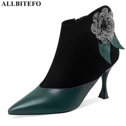 ALLBITEFO flowers genuine leather brand high heels wedding women shoes thin heels ankle boots for women autumn women boots 210611