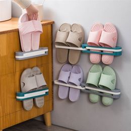 Multifunctional Wall-Mounted Storage Rack Slippers Towel Bathroom Kitchen Household Foldable Paste Bracket Tool 210423