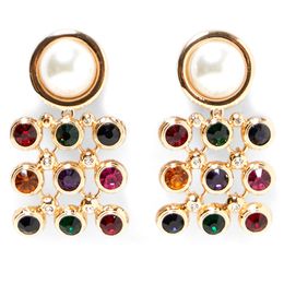 Boho Colourful Crystal Simulated Pearl Statement Rhinestone Square Drop Earrings For Women za Pendientes