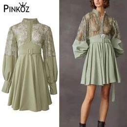 designer luxury high qualiry lace patchwork green lantern sleeve spring A-line dresses women female dress belt buttons za 210421