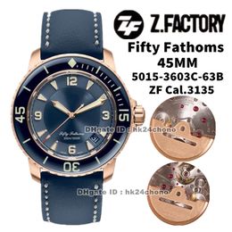 ZF Factory Watches 5015-3603C-63B Fifty Fathoms 45mm Rose Gold Cal.1315 Autoamtic Mens Watch Sapphire Bezel Blue Dial Canvas Strap Sports Gents Wristwatches