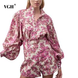 Pink Print Casual Two Piece Set For Women Stand Collar Lantern Long Sleeve Shirt High Waist Short Pant Hit Colour Sets Female 210531