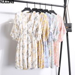 Women V-Neck Floral Printed Chiffon Dresses Summer Short Sleeve Flare Lace Up Mini Dress With Lining Mujer Vestidos 210514