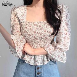 Autumn Korean Square Collar Floral Women Blouse Backless Casual Flare Sleeve Pleated Chiffon Shirt Blusas Mujer 10280 210508