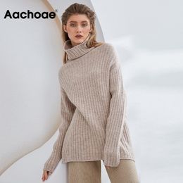 Aachoae Solid Turtleneck Sweater Women Striped Casual Pullover Sweater Female Batwing Long Sleeve All Match Ladies Tunic Tops 210413