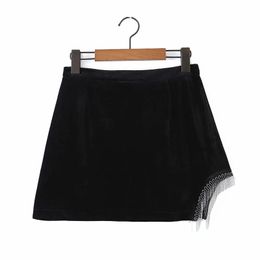 Women's Fashion Velvet Beaded Skirt Solid Color High Waist Sexy Mini Street Clothing Spring And Autumn 210521