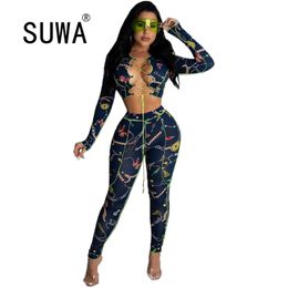 Vintage Chain Printed Sexy Club 2 Piece Set Women Long Sleeve Bandage Crop Top Tunic Bodycon Pants Trousers Fashion Clothes 210525