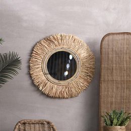 Mirrors Rattan Decorative For Bathroom Hand-made Vanity Mirror Retro Homestay Porch Wall Hanging Ins Pendant