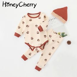 spring and autumn Home service suit baby romper printed bottoming + high waist trousers hat three-piece 210515