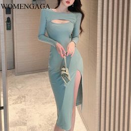 WOMENGAGA Autumn Sexy Night Show Goddess Hollowed Out Slit Slim Dres Body Dresses Robe 2PSN 210603