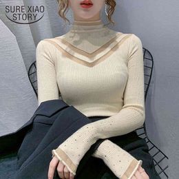 Autumn Fashion Turtleneck Pullover Lace Sexy Winter Long Sleeve Knitted Sweater Women Jumper 11558 210415