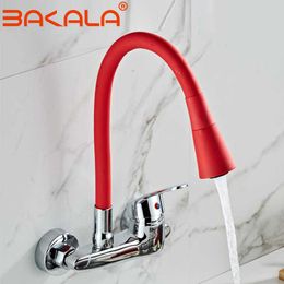 BAKALA RED Colour Wall Mounted Kitchen Faucet Wall Kitchen Mixers Kitchen Sink Tap 360 Degree Swivel Flexible Hose Double Holes 210724