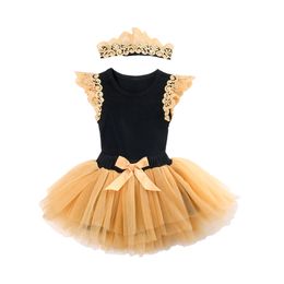 0-24M Princess born Infant Baby Girls Clothes Set Lace Fly Sleeve Romper Tulle Tutu Skirts Headband Birthday Outfits Summer 210515
