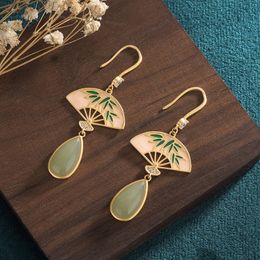 jade earings Australia - Chinese Style Charm Ancient Design Gold-plated Enamel Palace Fan Inlaid Imitation Hetian Jade Vintage Earrings