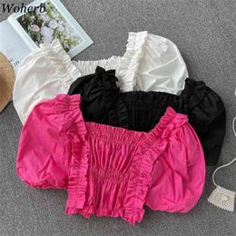 Sweet Blouses Women Square Collar Puff Sleeve Pleated Shirt Sexy Lady Elegant Fashion Crop Tops Korean Ruffles Blusas 210519