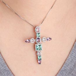 Multicolor Cross Pendants Necklace Cubic Zirconia Stone For Women Fashion Clear Crystal Glass Party Necklace Trendy Jewellery New X0707