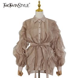 Elegant Patchwork Shirt For Women Lapel Collar Long Sleeve Ruffles Single Breasted Blouses Female Summer Style 210524