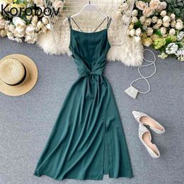 Korobov Summer New Chic Solid Dress Vintage Elegant Sleeveless Female Dresses Korean Spaghetti Strap Vestidos Mujer 210430