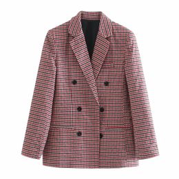 Women Elegant Fashion Red Pliad Double Breasted Blazer Vintage Female Pockets Notched Coat Lady Office Wear 210521