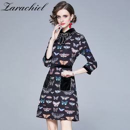 Spring Vintage Butterfly Print Party Women Sweet Beading Bow Collar Three Quarter Sleeve Pocket Slim Mini Dress 210416