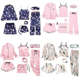 7PCs Silk Women Lingerie Camisole Print Shorts Pant Pyjamas Blindfold Sleepwear Pijams Set Home Cloths For Ladie All Day pyjama X0526